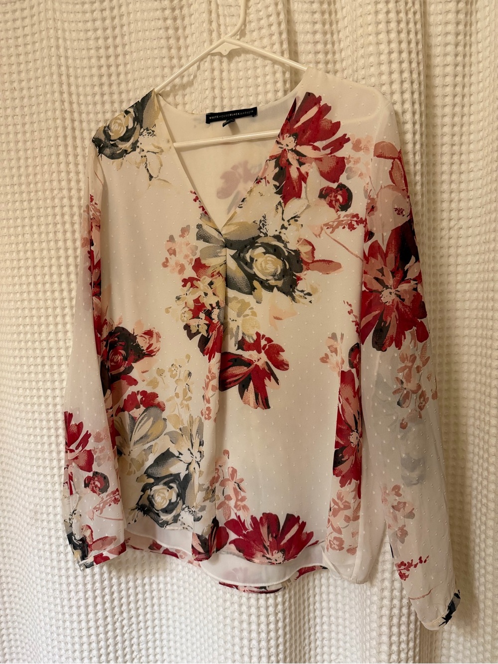 White House Black MarketFloral V-Neck Long Sleeve Blouse - White with Red Floral
